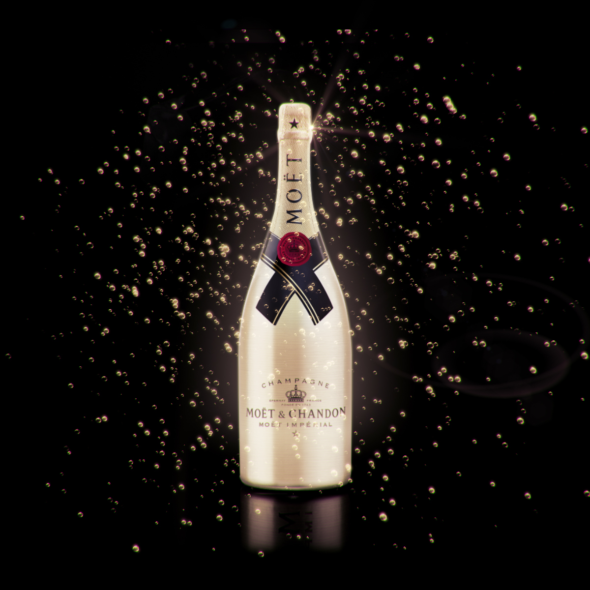 3D champagne bottle with bubbles artwork