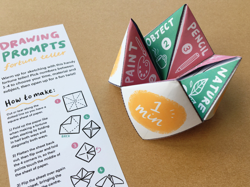 A paper craft folded fortune teller with yellow circles on the outside and pink and green sections inside. Instructions on how to fold it are next to it on a white sheet of paper.