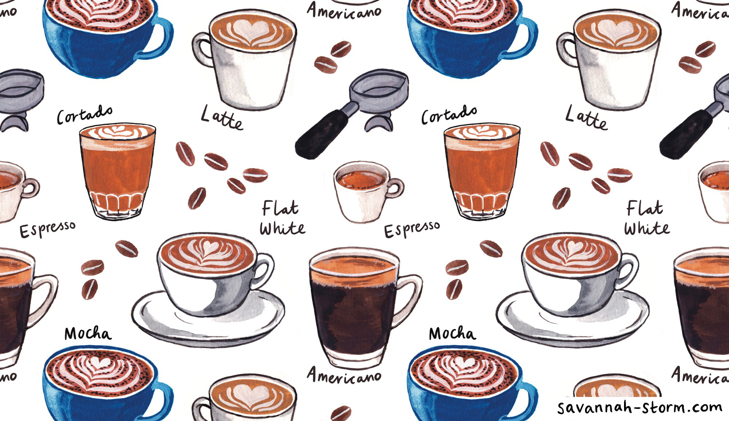 A repeating pattern on a white background of coffee cups, coffee beans and handwritten text saying 'Americano' 'Mocha' 'Flat White' 'Latte' 'Espresso'.