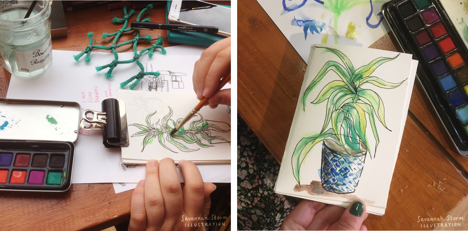 Two sketchbooks from a drawing workshop, both with ink and watercolour illustrations of a leafy green plant in a blue pot.