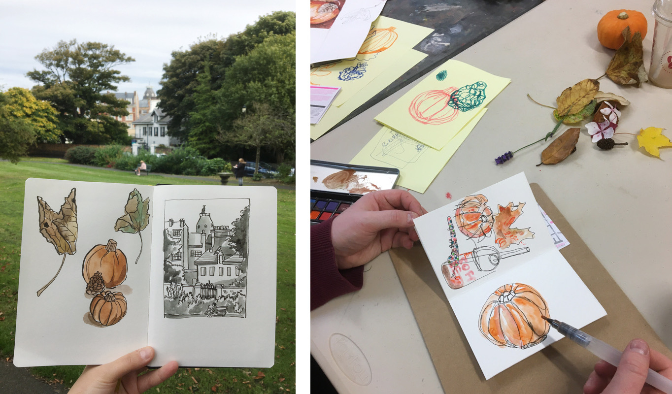 A sketchbook spread held up against a scene of trees and buildings, which have been sketched in the book. A sketchbook with an ink and watercolour drawing of a pumpkin, with some hands holding a paintbrush next to it.