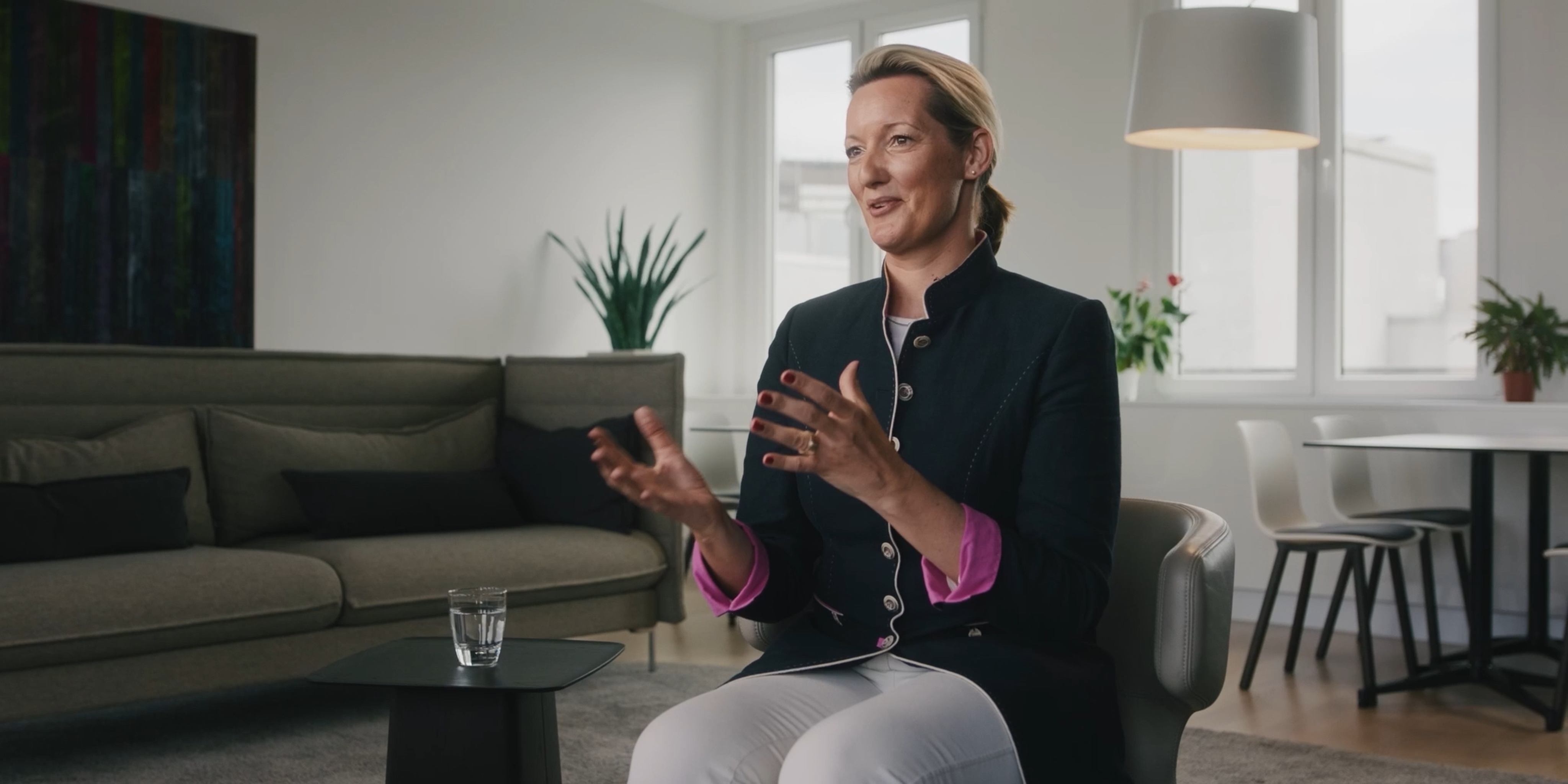 Interview with a woman in the bank lounge
