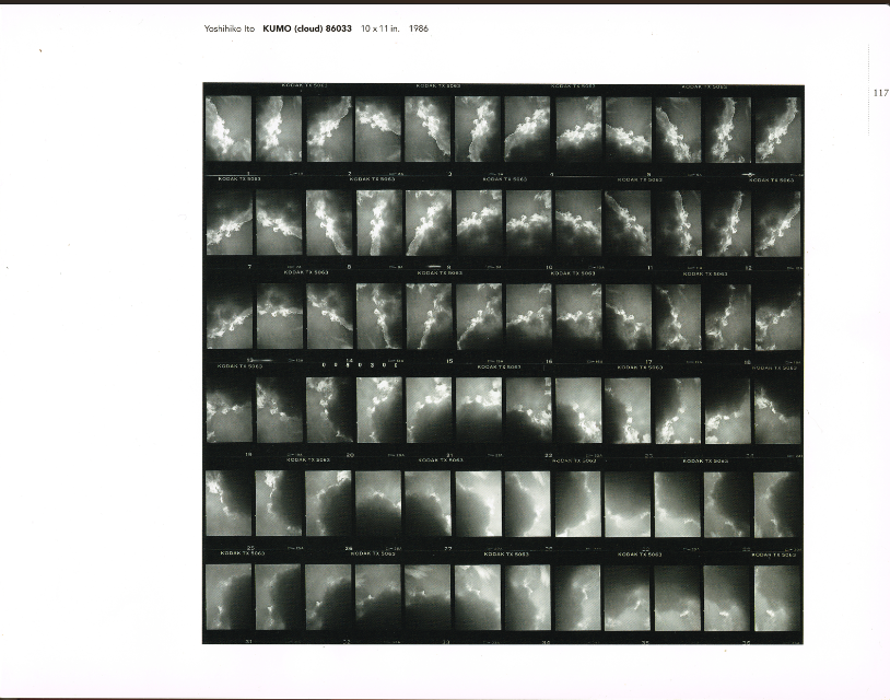 Contact sheet grid of sky-frame photographs from Yoshihito Ito’s Kumo (Cloud) series (1986), capturing movement and texture in the changing light.